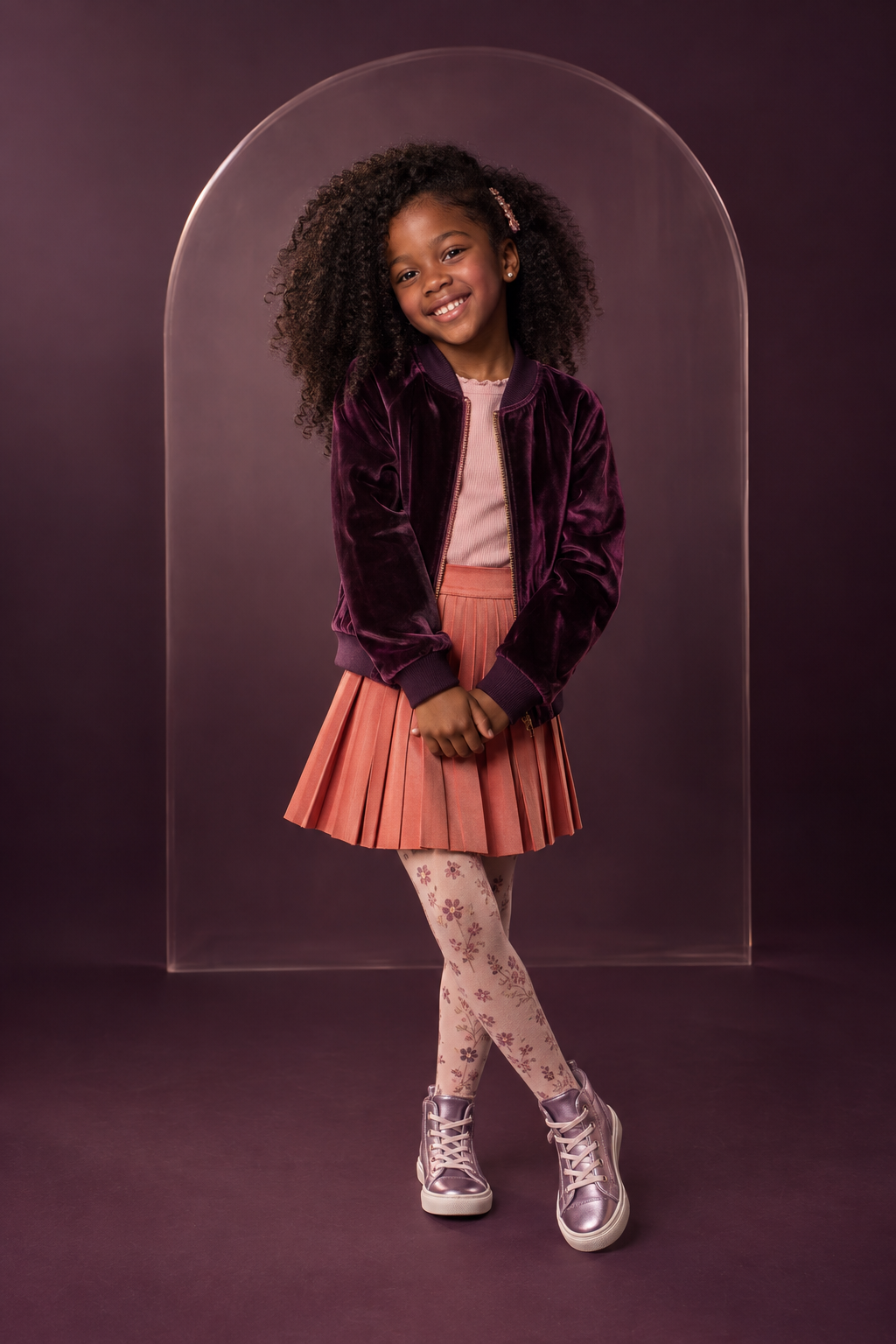 A smiling child in a plum velvet jacket and coral skirt, framed for a luxury birthday invitation