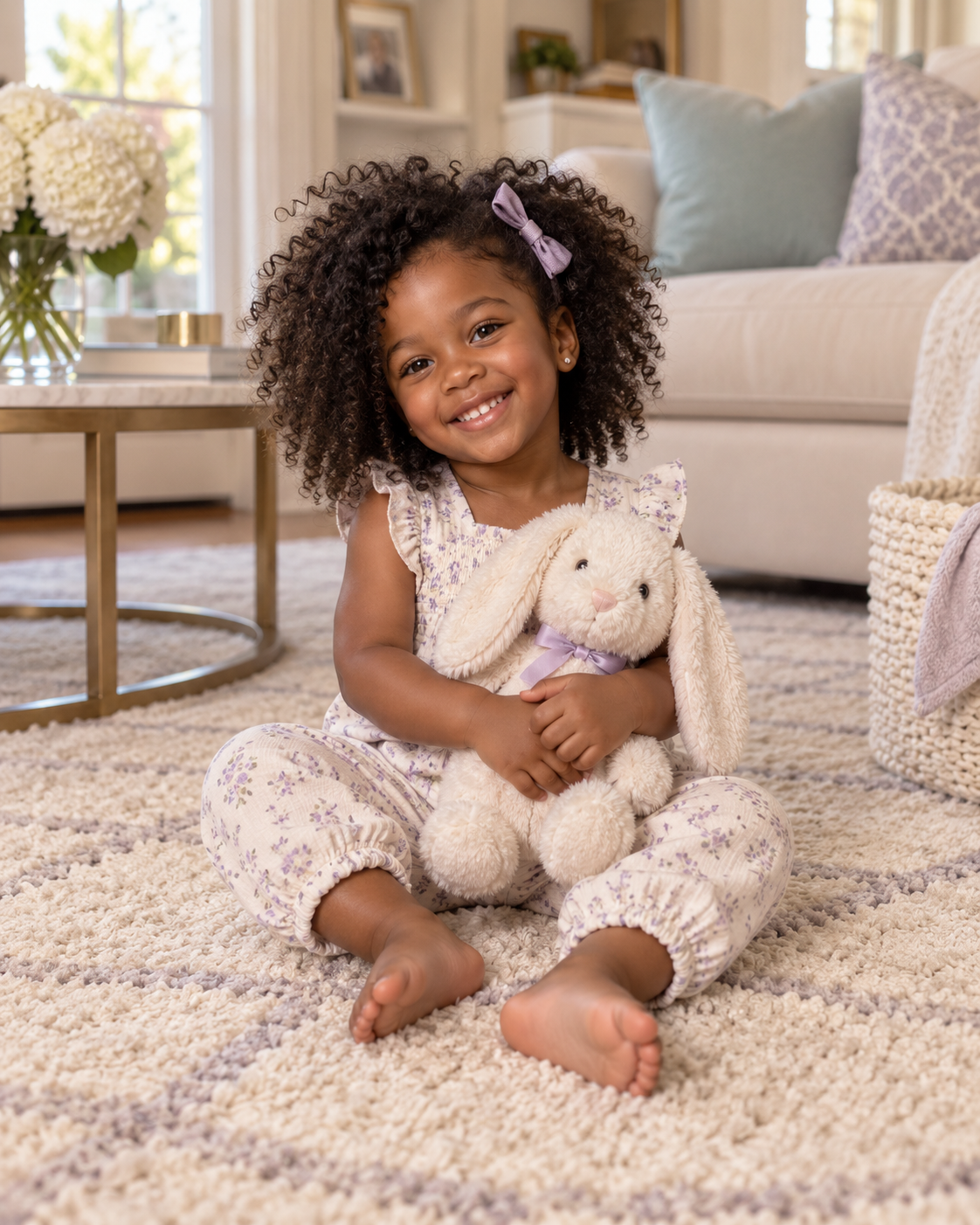 Maya at about one year old, smiling while holding a soft toy rabbit at home