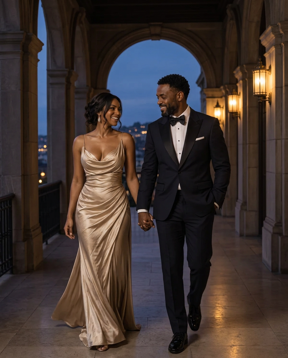 Amara and Julian walking hand in hand beneath ballroom arches at twilight