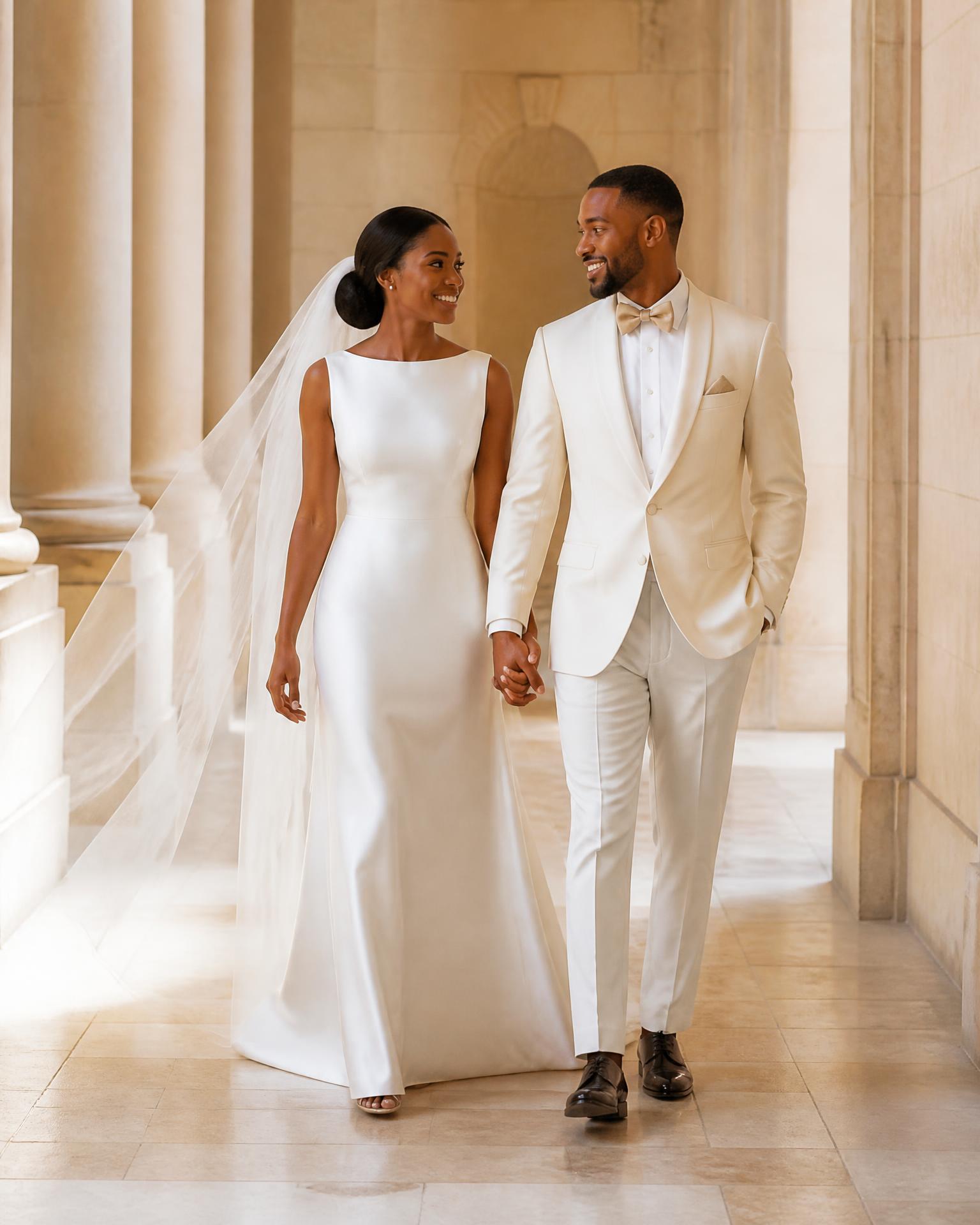 Elena and Marcus walking hand in hand through a sunlit colonnade